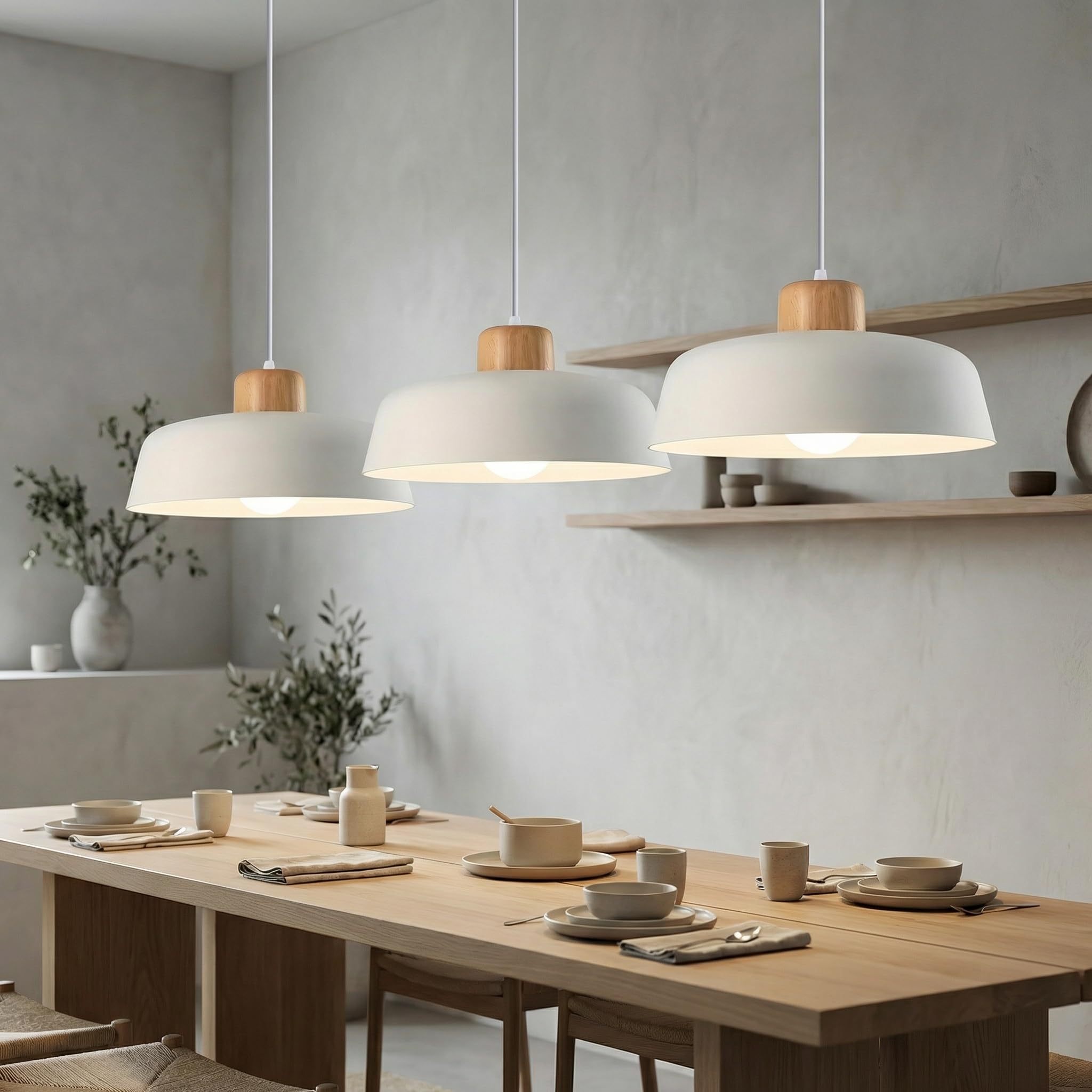 Lámpara Colgante con Redondo Pantalla de Hierro 30cm y Acabado de Madera en Color Macaron​​, ​​Grande Luz Colgante Moderna E27 ​​Para Salón, Cocina y Comedor​ (Blanco)