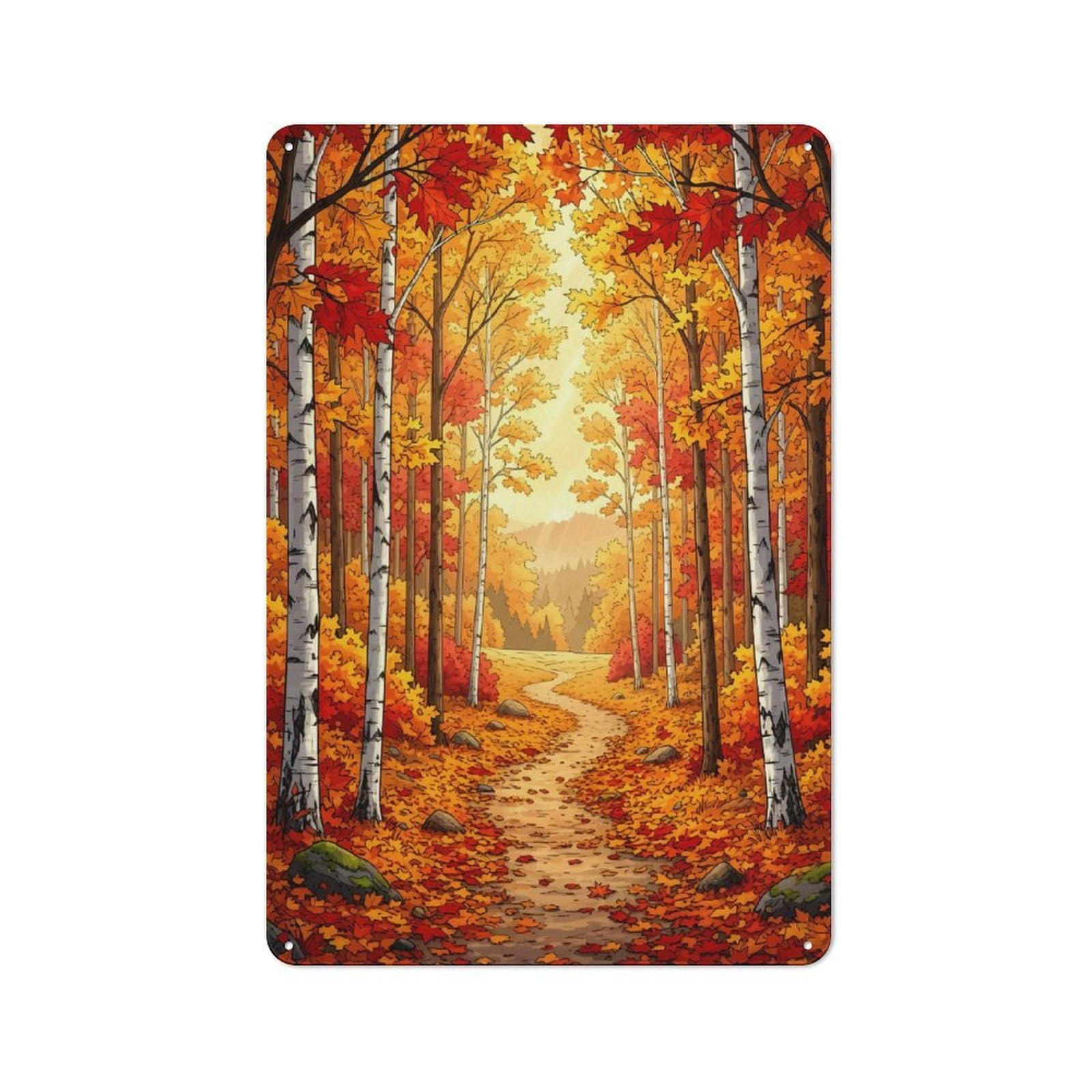 Junmoney Style-19 30X20cm Retro Tin Sign With Autumn Forest Path For Lounge Or Reading Corner, A Decorative Metal Sign For Lounges And Reading Corners