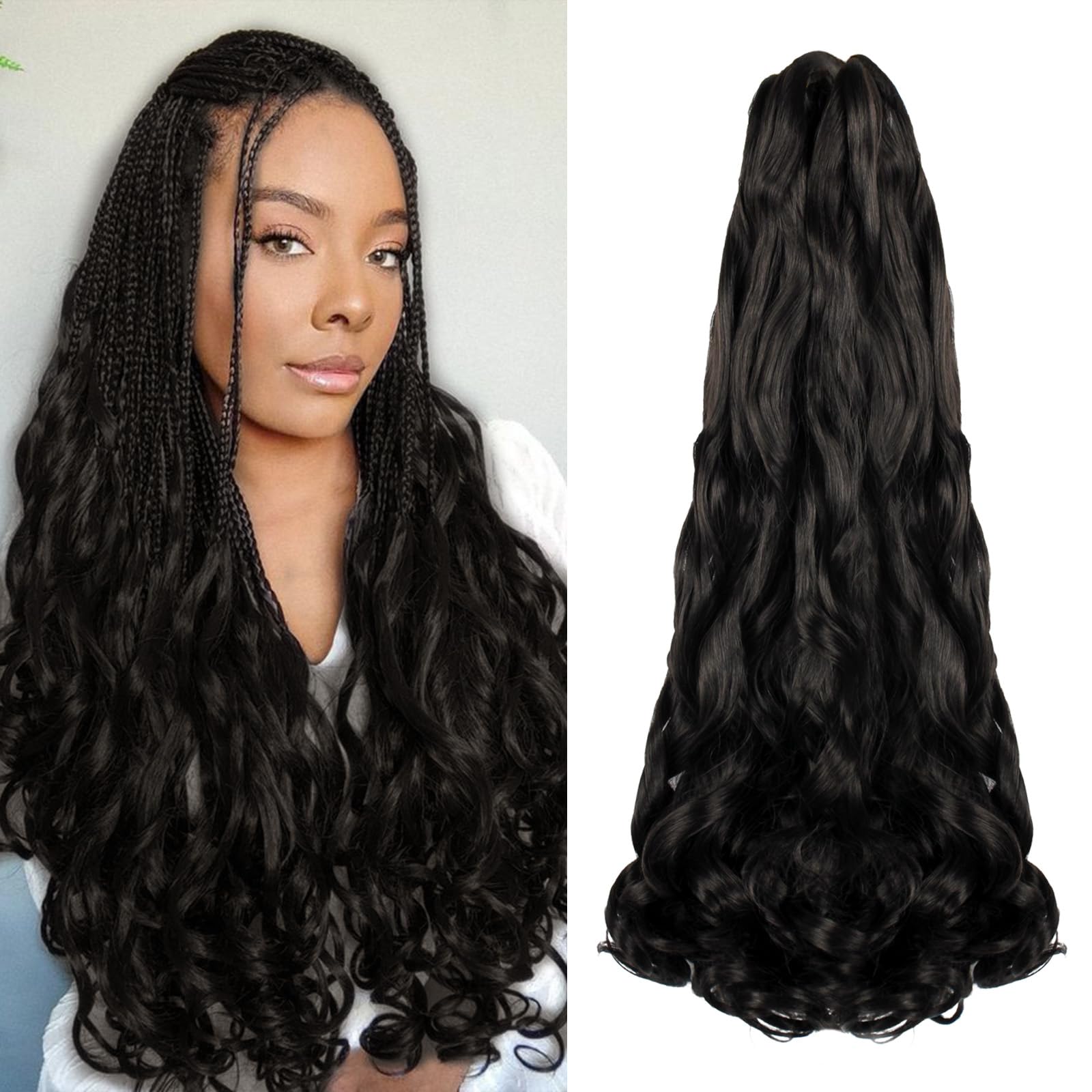 Enbeautiful French Curl Braiding Hair 24 Inch 8 Packs Pre Stretched French Curly Braids Loose Wavy Synthetic Curls Crochet Hair for Women with Curly Ends (24Inch,1B,8Packs)