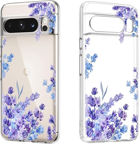 Funda compatible con Google Pixel 8 Pro 5G (2023), flor transparente con patrón de lavanda morada, delgada y suave de silicona TPU para Pixel 8 Pro