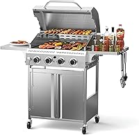 Electactic 4-Burner Propane Gas Grill 32000 BTU Stainless Steel BBQ with Wheels, Foldable Shelves & Thermometer