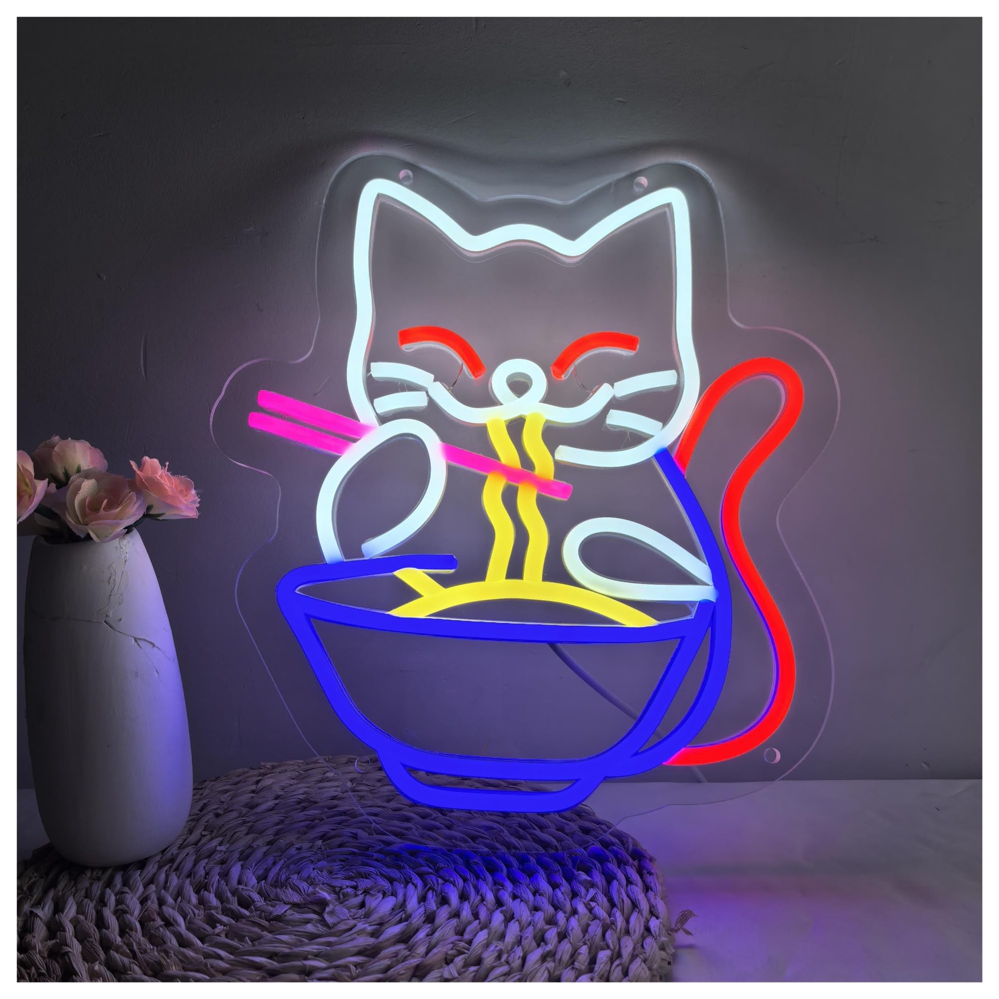 RONGCH Hanging Art Signs Fortune Cat Ramen Neon Sign Japanese Restaurant Decor Shop Deli Food Market Kitchen Home Hanging Wall 40x37cm