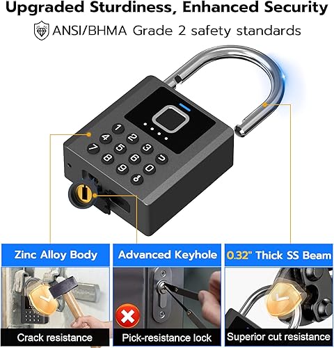 Miniatura 4 de Anweller Candado de huellas dactilares resistente con llave, bloqueo de almohadilla con teclado de código, resistente a la intemperie, inteligente,