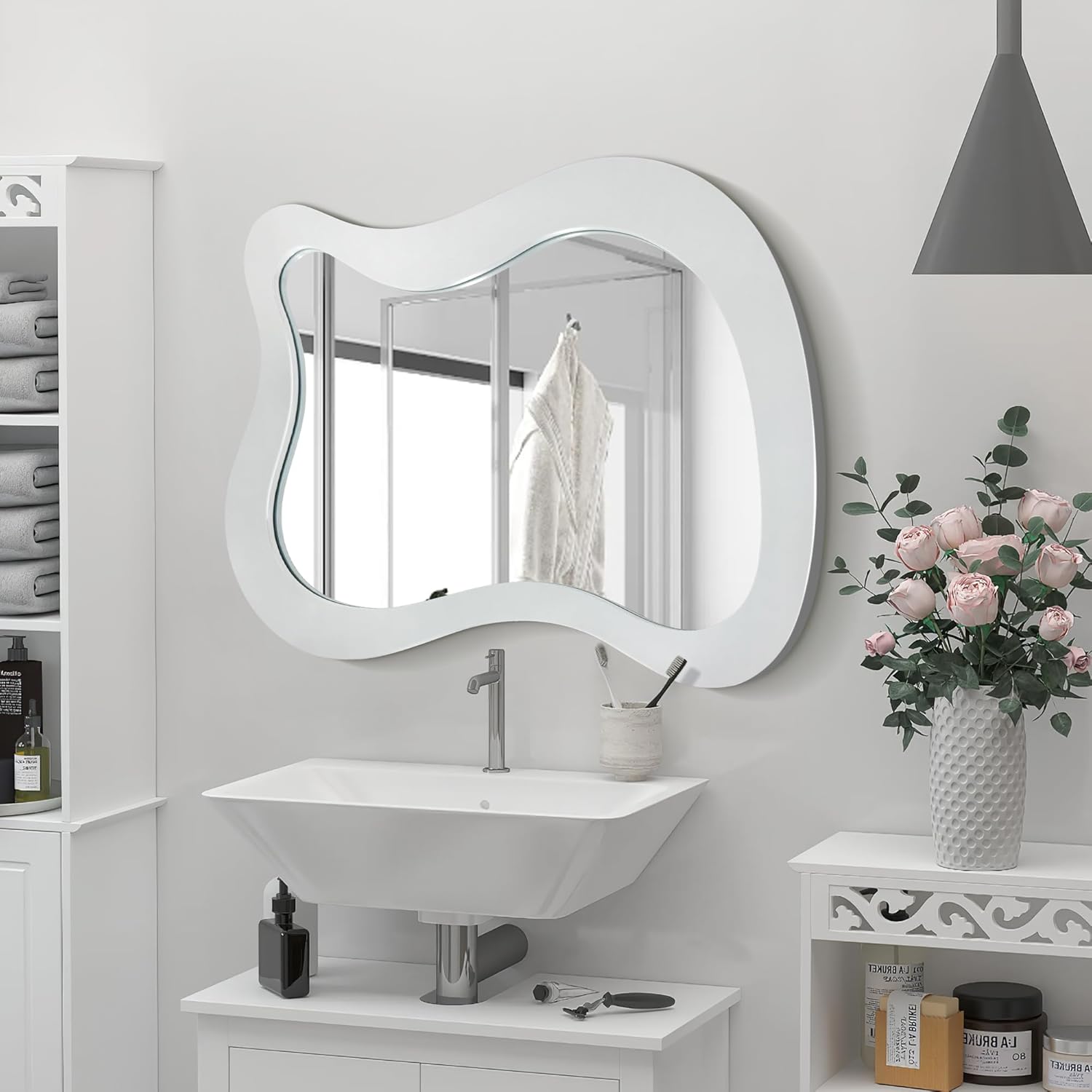 28"x 36" Asymmetrical Wall Mirror, White Irregular Wall Mirror with Wood Framed, Modern Unique Accent Mirror, Decorative Mirror for Bathroom, Bedroom, Living Room, Entryway, Hall