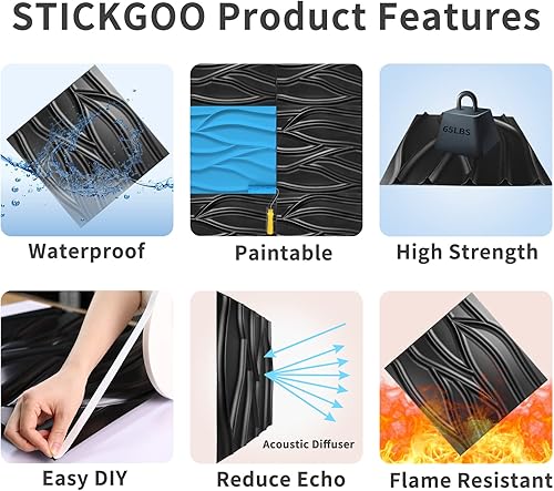 STICKGOO Paneles de pared 3D para decoración de pared interior diseño de azulejos de pared ondulados de PVC viene con un rollo de cinta adhesiva