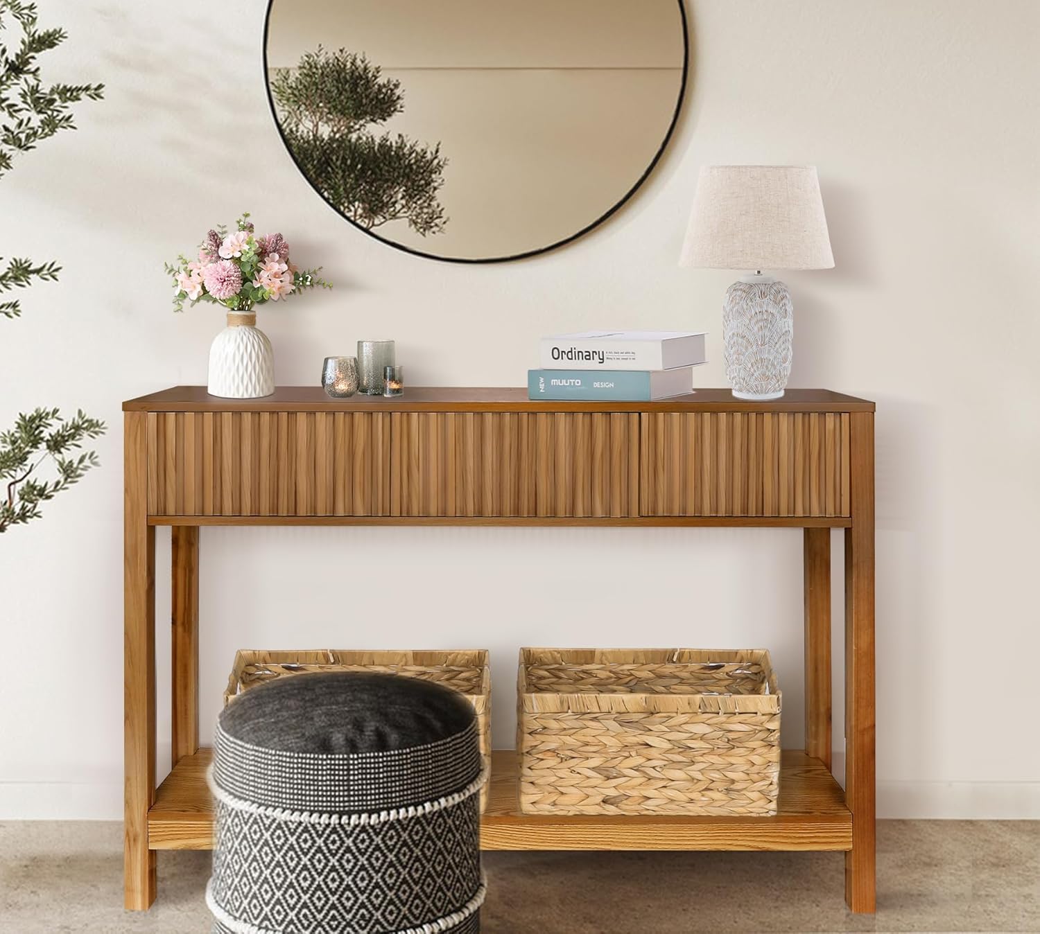 Fluted Console Table with Storage, 48" Long Entryway Slim Sofa Table Behind Couch Entry Tables, Narrow Wood Hallway Modern Living Room Couch Foyer Entrance Tables Brown