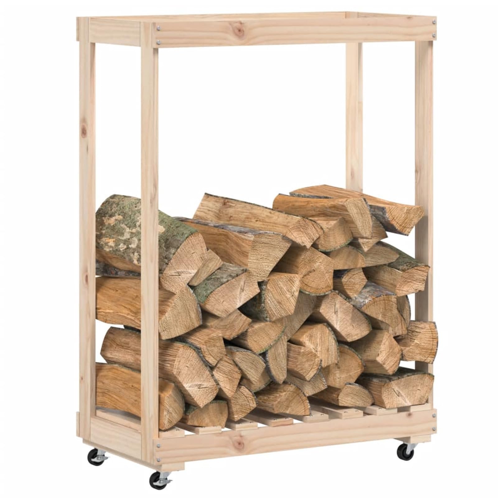 Homgoday Arredo Portalegna con Ruote 76,5x40x108 cm Legno Massello di Pino, Portalegna da Interno, Portalegna da Ardere, Porta Legna per Camino, Legnaia da Interno, Impilabile Stufa Ripiano Legno