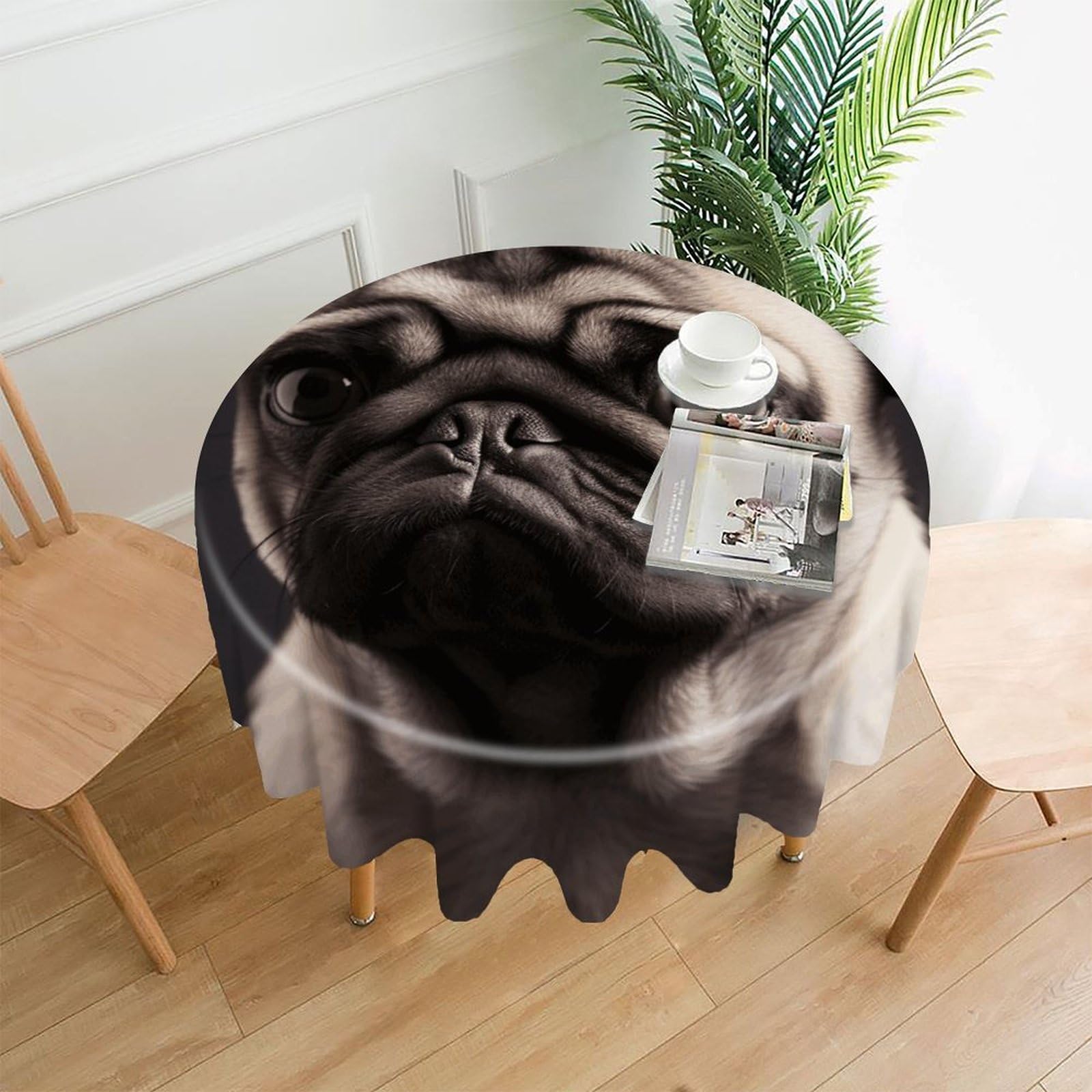 VstaDank Pug Table Cloth Fashions Washable Round Tablecloth Decorative Table Cover Comfortable Straight Edge Tablecover for Dining Kitchen Party Outdoor 60 Inch