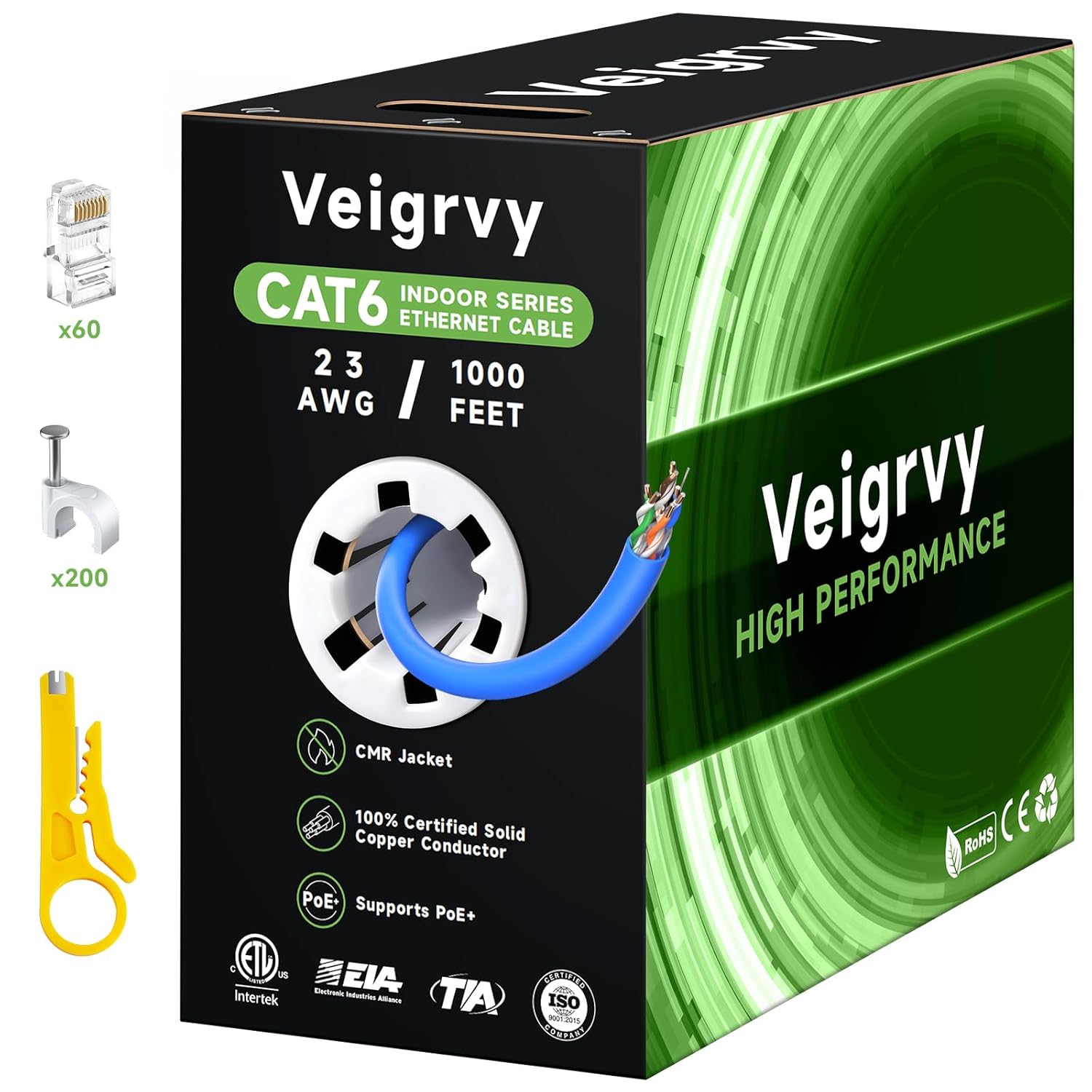 Cat 6 Ethernet Cable 1000 FT (CMR) - 23AWG Bulk CAT6 Riser Cable, Solid Pure Copper POE+ Cat 6 Cable 550MHz 10 Gigabit UTP LAN Cat6 Cable Blue