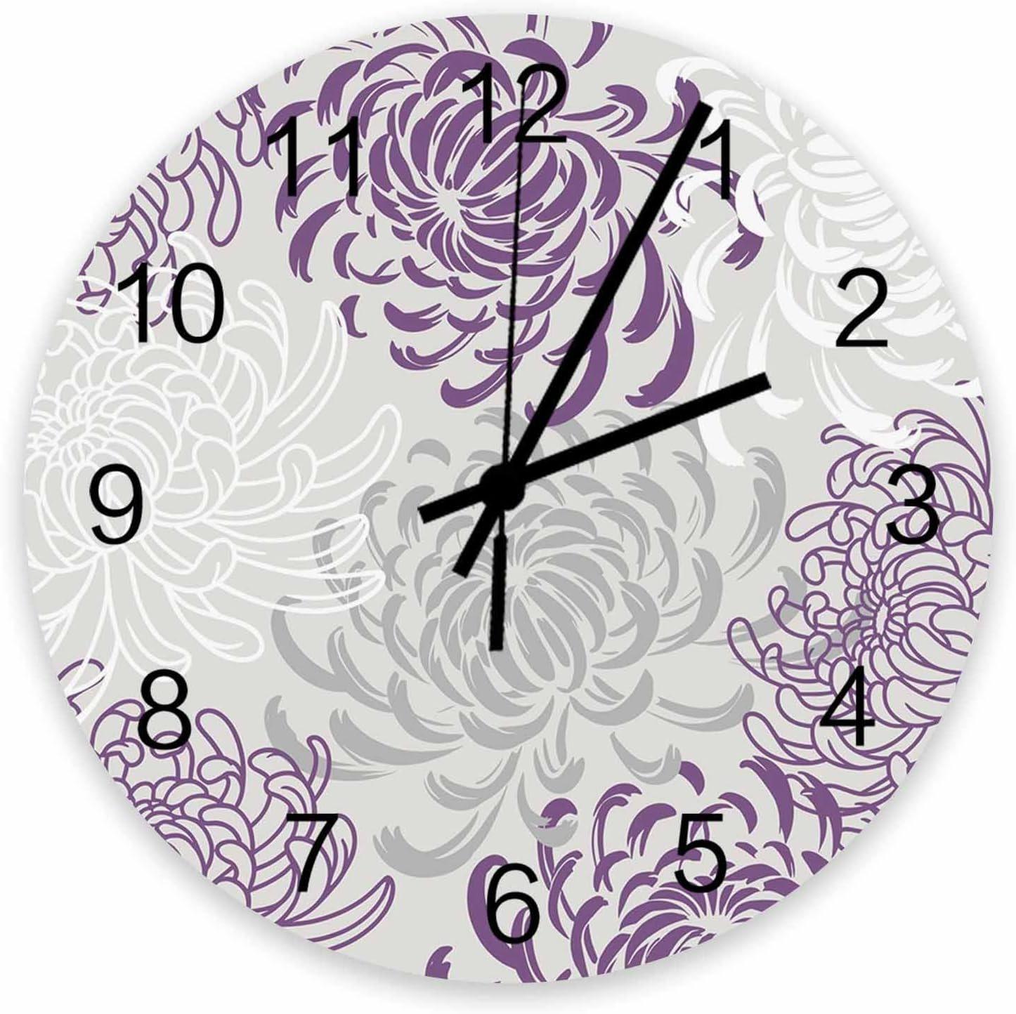 Noiseless Wall Clock, Silent Non-Ticking Hanging Wall Clocks Battery Operated, Abstract Flower Purple Gray and White Dahlia Wall Decor Wooden Clock for Bathroom Bedroom Living Room Office 12 Inch