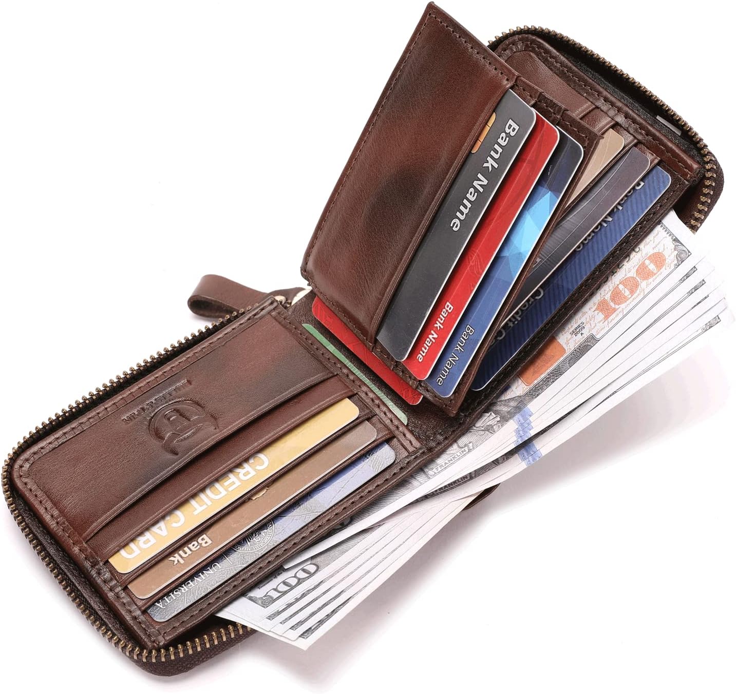 BULLCAPTAIN Mens Genuine Leather Zipper Wallet RFID Blocking Bifold Secure Zip Around Wallets Multi Credit Card Holder Purse (Handmade coffee) - Image 3