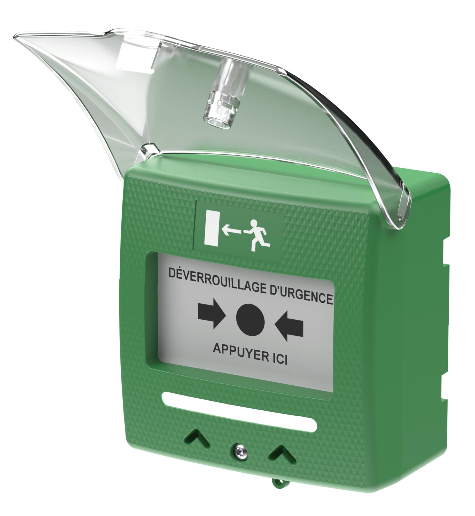 Sewosy Déclencheur Manuel Vert 2 Contacts et Buzzer/LED. Réaliser en ABS. Contact NO/NC Libre de potentiel. Texte en Français.