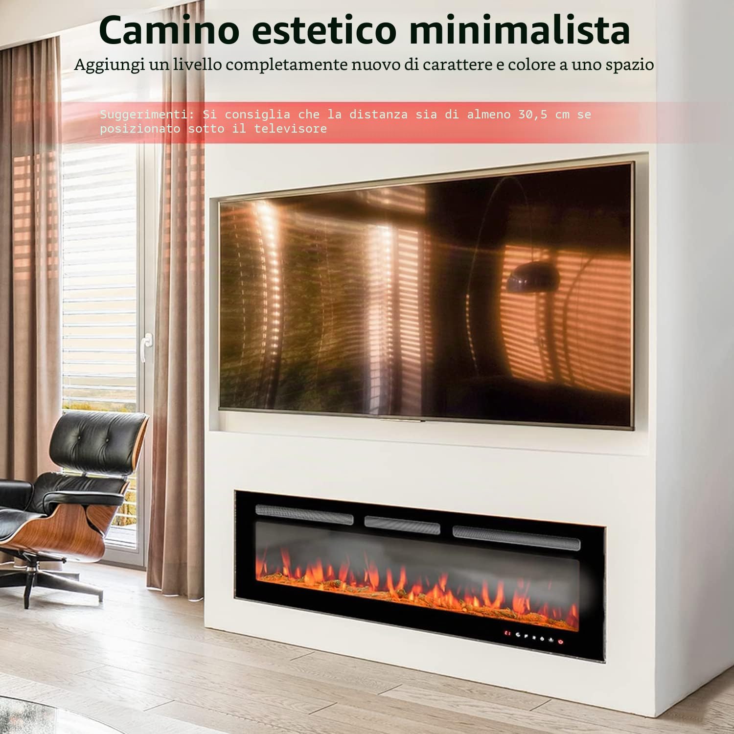 M.C.Haus Camino Elettrico Touch Screen Pannello in Vetro con Inserto a Fiamma Colorata Riscaldatore a Parete Telecomando con Crystal LogSet,900W/1800W (127 cm)