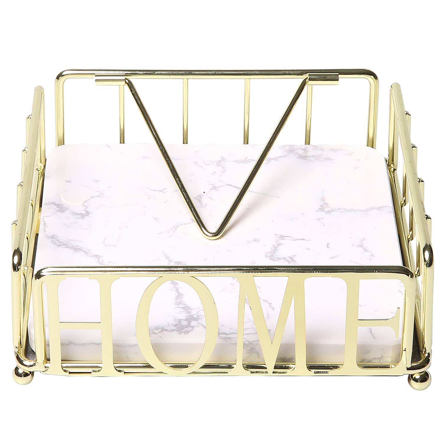 MyGift Modern Brass Metal Square Flat Napkin Holder for Table with White Marble Pattern Base and Cut Out "HOME" Letters