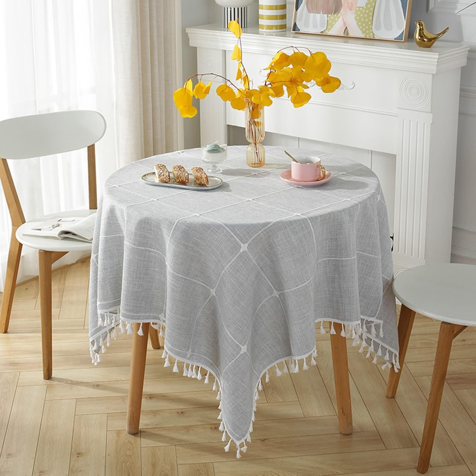 Grau Tischdecke Rund 160 cm, Polyester Plaid mit Quasten, Tischtuch Gartenparty