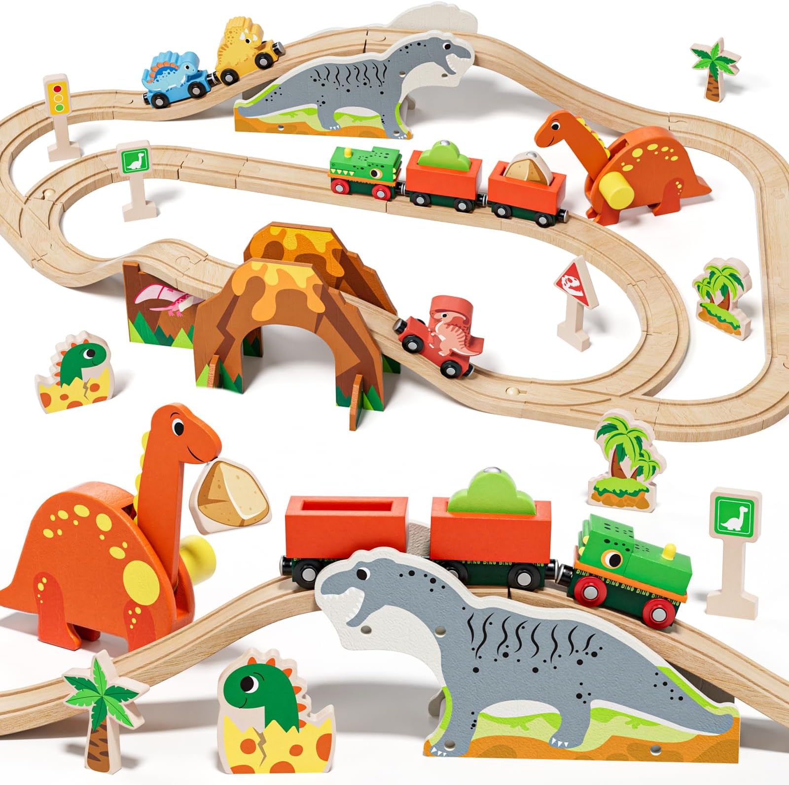 Wooden Train Set, Dinosaur Wooden Train Track Set, Wood Toy Train Set for Toddlers 2-4, Train Toys for Toddlers 3-5, Fits Thomas, Fits Brio, Fits Melissa and Doug