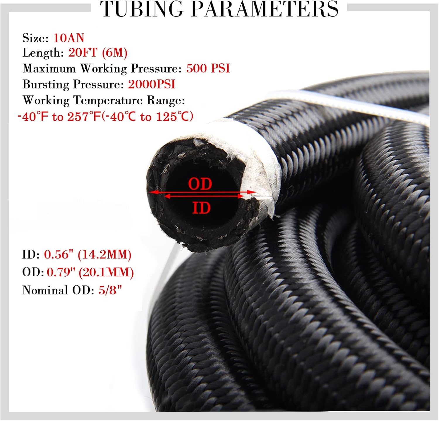 10AN 5/8" 20FT Fuel Line Hose, CPE Braided Nylon Stainless Steel for Fuel Diesel Oil Coolant Fluid, Transmission Oil Cooler Line Coolant Hose - Black