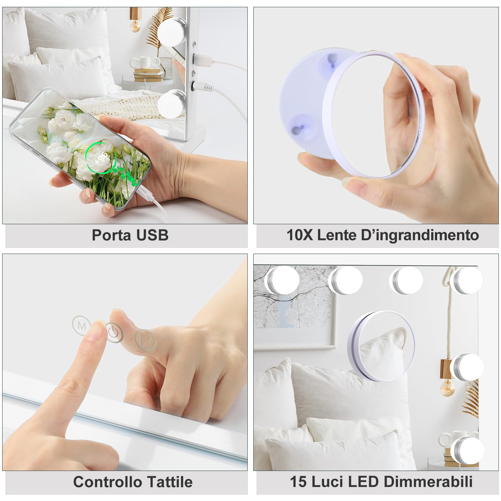 Specchio Trucco Con Luci LED Moziel 58x45cm - 15 Luci, 3 Colori Regolabili, Lente 10x Ingrandimento | Da Tavolo O Parete - Foto 10
