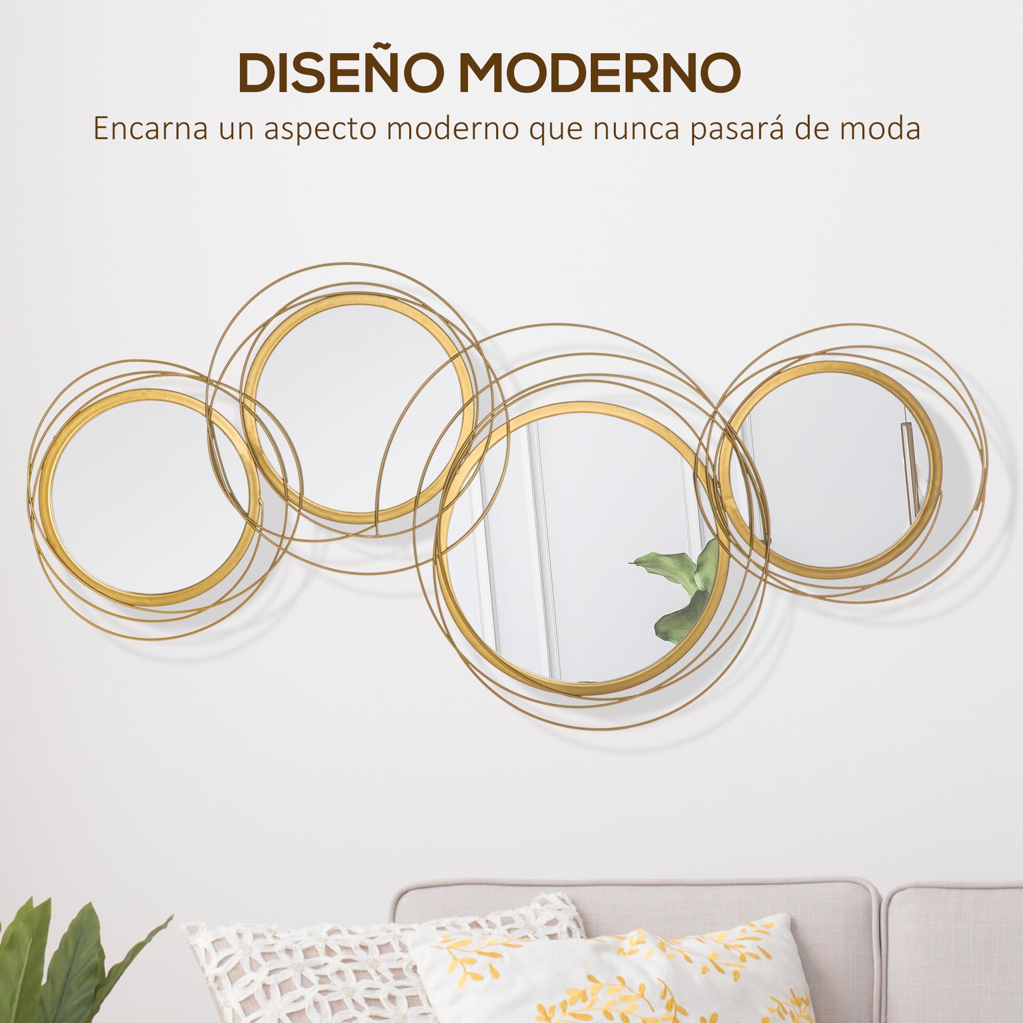 HOMCOM Decoración de Pared de Metal 3D Espejos Redondos 107x56 cm Dorado | Escultura de Espejos Redondos, Adornos Metálicos, Salón Dormitorio Cocina, Recibidores