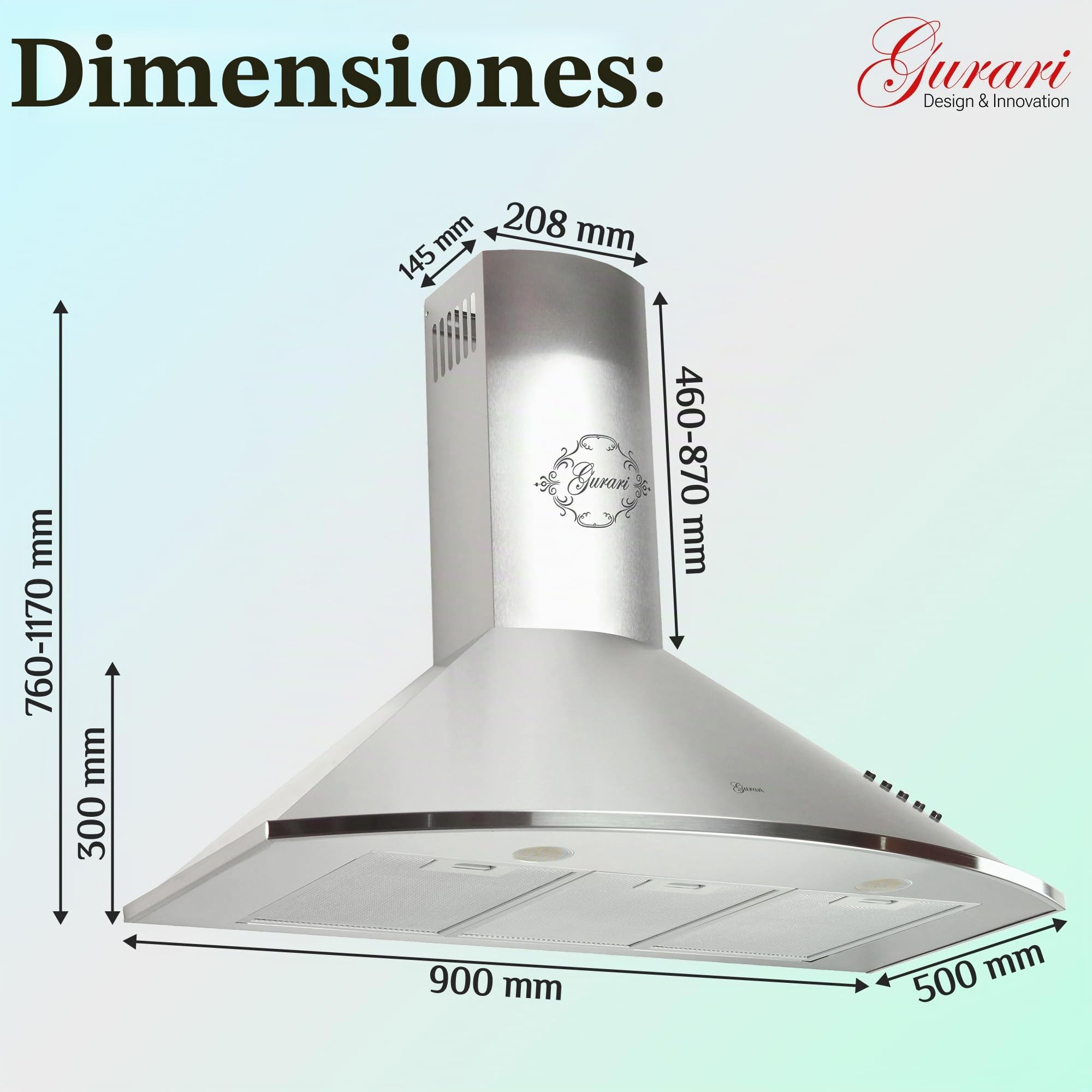 Gurari 046 IS Campana Extractora de Pared 90 cm • 1000 m³/h • Lujo • 3 Velocidades • LED • Acero Inoxidable • Recirculación Posible