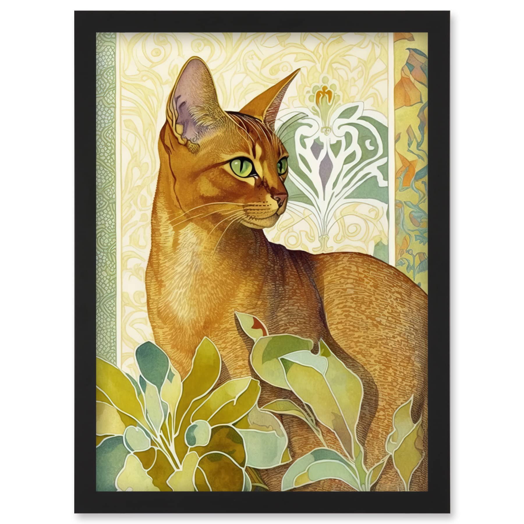 Abyssinian Cat with Plants Watercolour Art Print - Art Nouveau Illustration - Modern Framed Wall Art A4 - Artery8