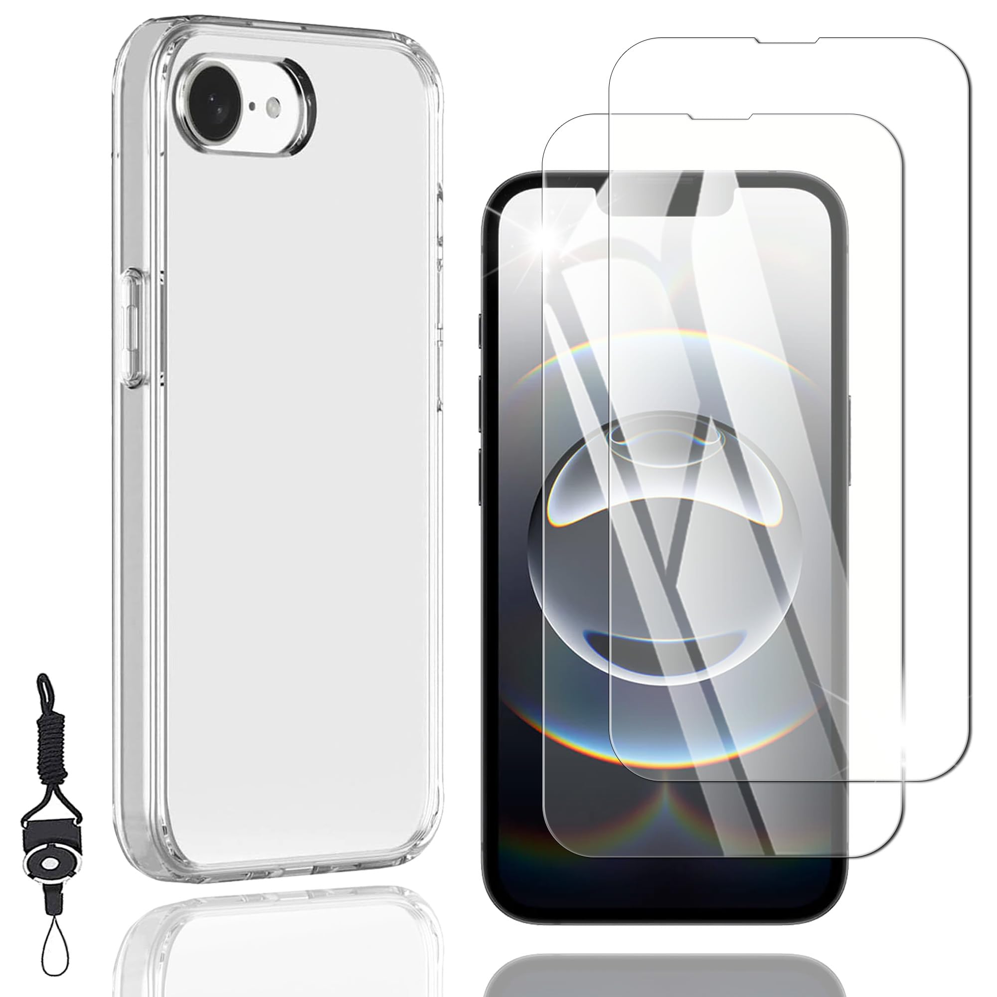 Nutmeg iPhone 16E ガラスフィルム（2枚）+ iPhone 16E ケース クリア（1枚）【旭硝子素材採用 ストラップホール付き】アイフォン 16E 保護フィルム iphone17E カバー 携帯ケース スマホケース 硬度9H 高透過率 指紋防止 スクラッチ防止 撥水撥油 飛散防止 衝撃吸収 らかい手触り 滑り止め TPU 黄変防止