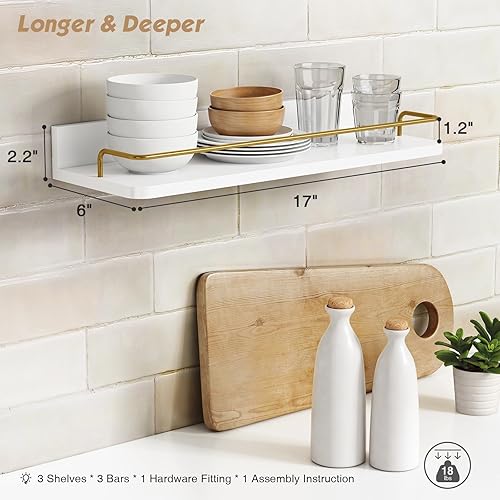 Miniatura 3 de Forbena Juego de 3 estantes flotantes dorados para decoración de pared, estantes de baño sobre el inodoro, estante de pared moderno con riel