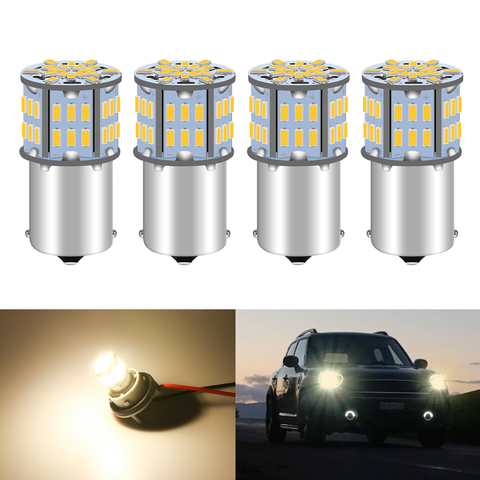Defvnsy Zestaw 4-1156 super jasnych żarówek LED 54SMD BA15S P21W 7506 żarówka LED DC 12-24 V do świateł wewnętrznych kampera, cofania światła kierunkowskazu, ciepła biel, 3500 K