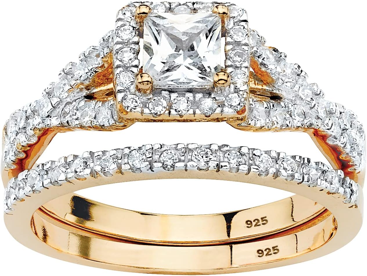 PalmBeach Yellow Gold-plated Sterling Silver Princess Cut Cubic Zirconia Halo Crossover Bridal Ring Set Sizes 6-10