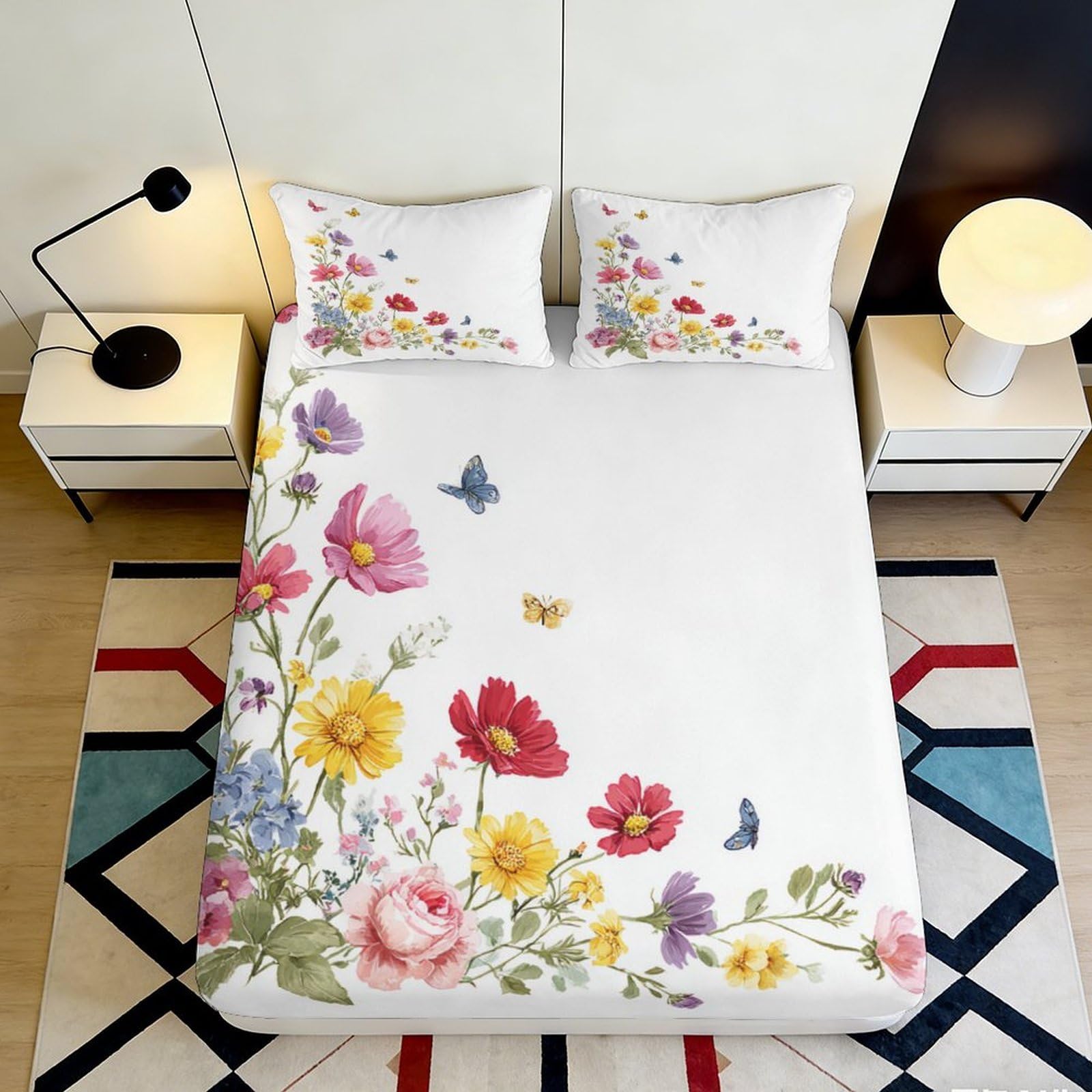 3D Printed Floral Butterfly Fitted Sheet Microfiber Soft Breathable Wildflower Bed Cover for Bedroom Guest Room Decor 90x200x25cm