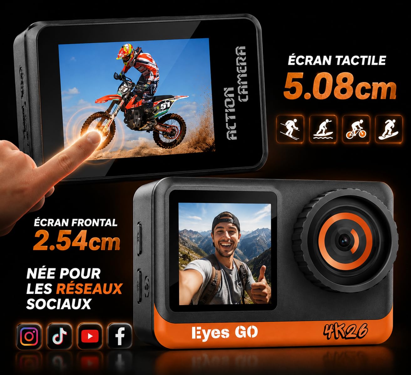 4K26 - Caméra Sport 4K30fps - 20 Accessoires - Photo 16MP - 2 Ecrans Tactile Vlog - Télécommande - Stabilisateur E.I.S 2.0 - Étanche 30M - 5 Heures d'autonomie