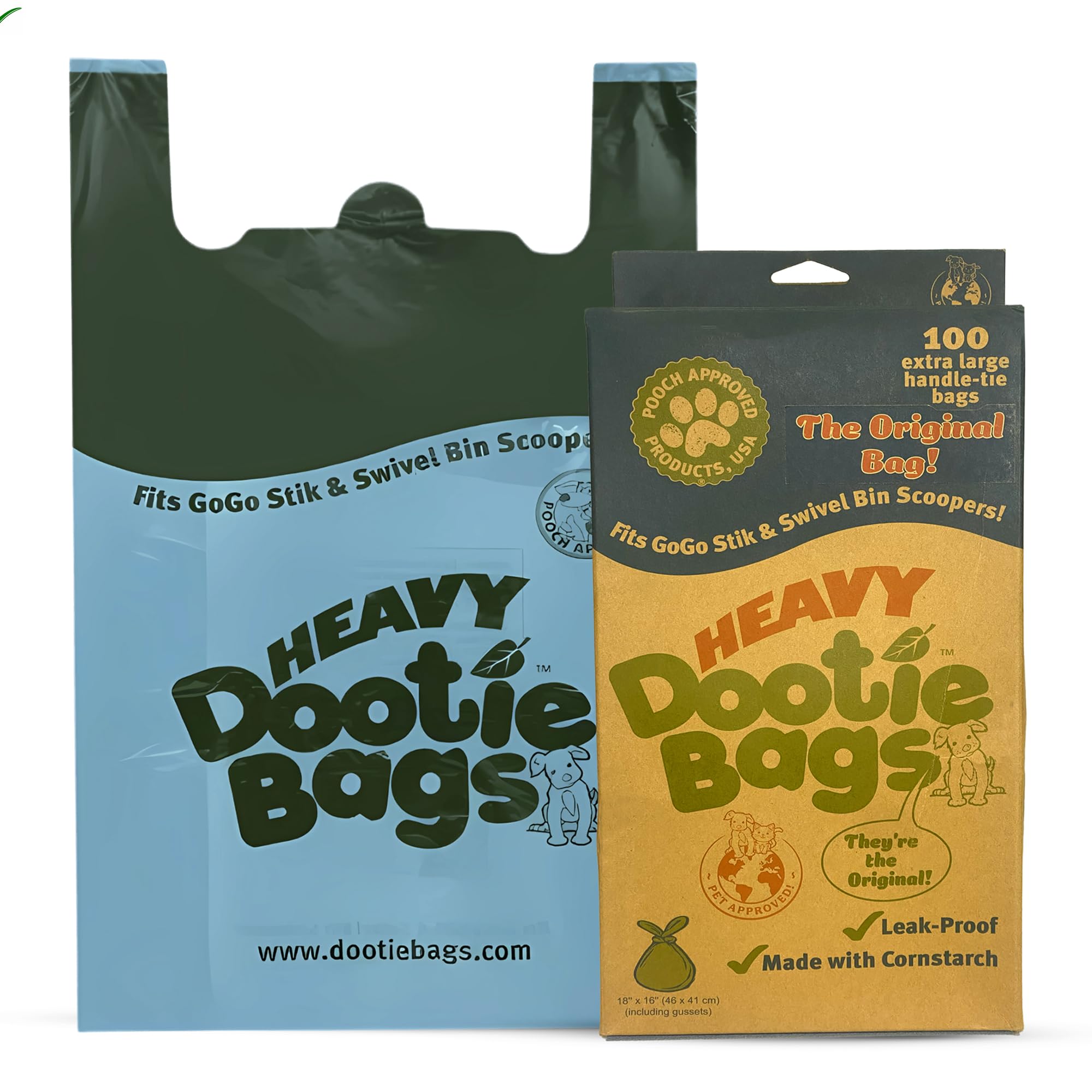 HEAVY Dootie Bags with EZ Tie Handles. Clean and Convenient for Pet Dog Poop, Cat Litter. Multi-Use. Great for Swivel Bin and Gogo Stik Scoopers. Made with Cornstarch. Strong, Leakproof and Very Large