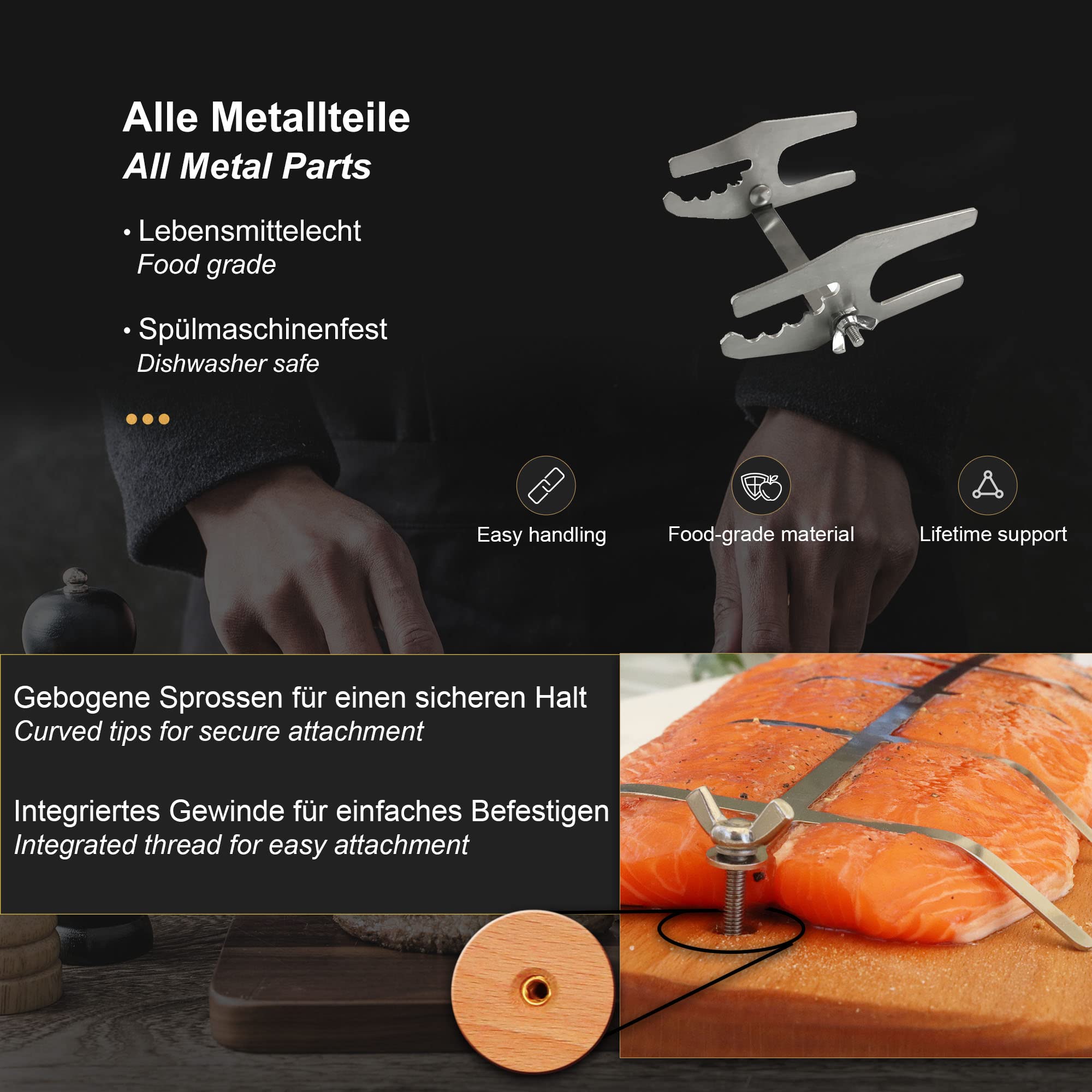Bargen Flammlachsbrett 55 x 18 cm - Flammlachsbretter mit Edelstahl-Halterung - Premium Grillzubehör für Feuerschalen und Kugelgrill