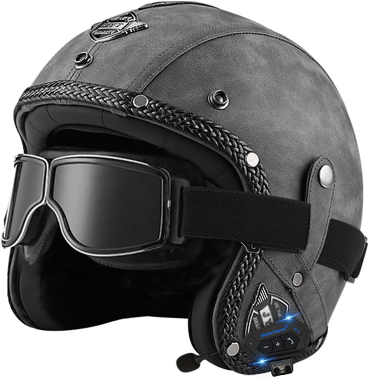 Motorbike Open Face Bluetooth Helmet Retro Jet Motorcycle Leather Helmet Adult Half Helmet with Fashion Goggles ECE Approved Men's and women's 3/4 helmets Moped Scooter