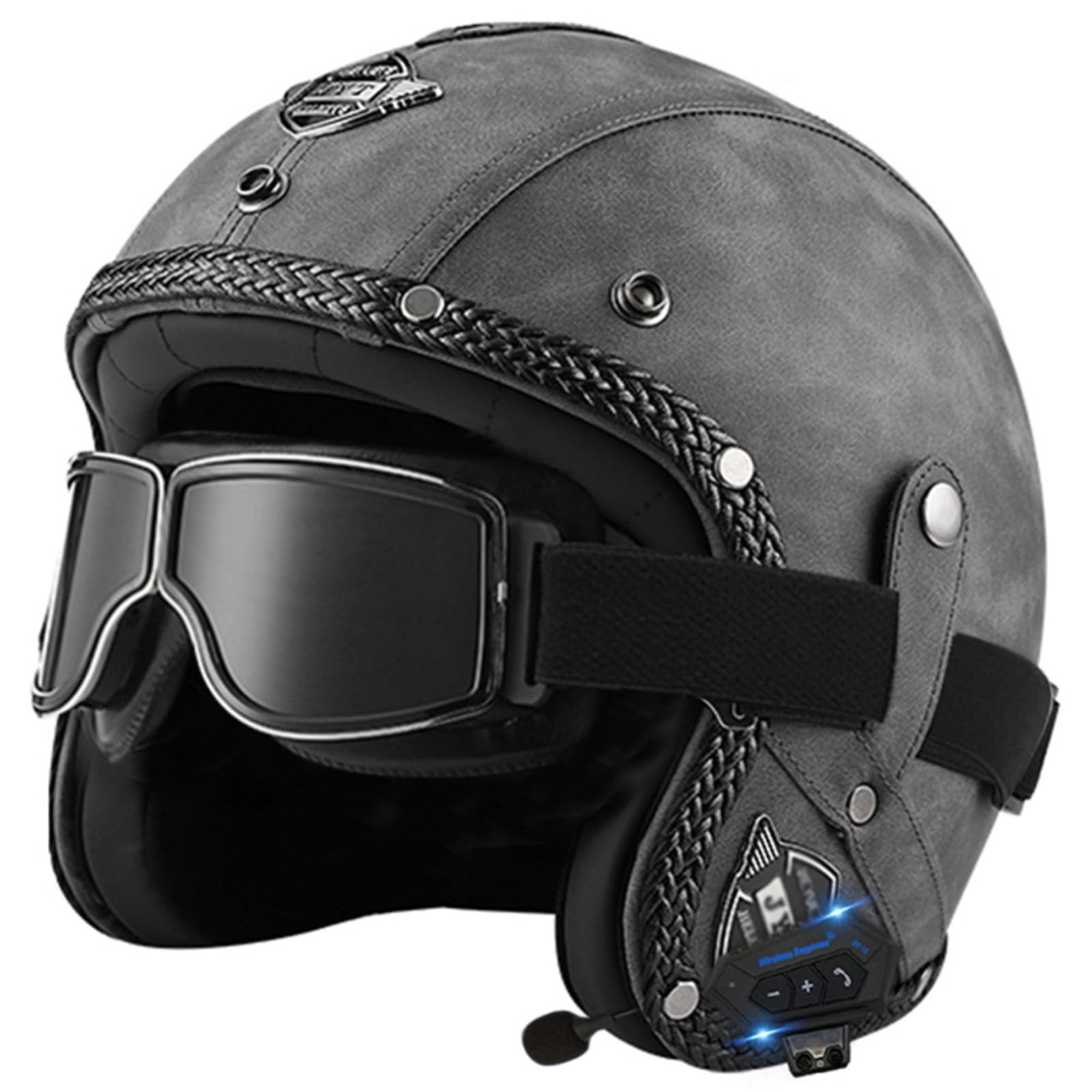 Motorbike Open Face Bluetooth Helmet Retro Jet Motorcycle Leather Helmet Adult Half Helmet with Fashion Goggles ECE Approved Men's and women's 3/4 helmets Moped Scooter