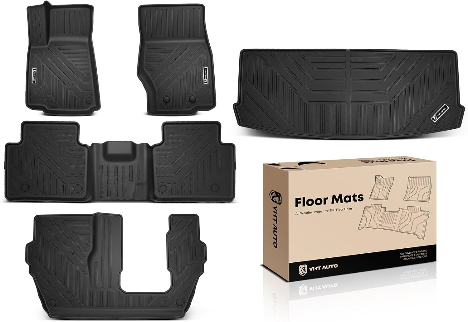 YHTAUTO Floor Mats & Cargo Mat Compatible with Jeep Grand Cherokee L WL 2021-2025 (7 Seat), TPE All Weather Car Mats Waterproof Anti-Slip Floor Liner, 1st & 2nd & 3rd Row & Trunk Mat, Set of 5