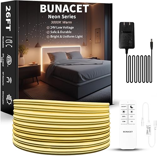 BUNACET Tira de luces LED de neón para exteriores de 26 pies, color blanco cálido, cuerda de luces de neón de 3000 K, IP67, impermeable, 24 V CC con