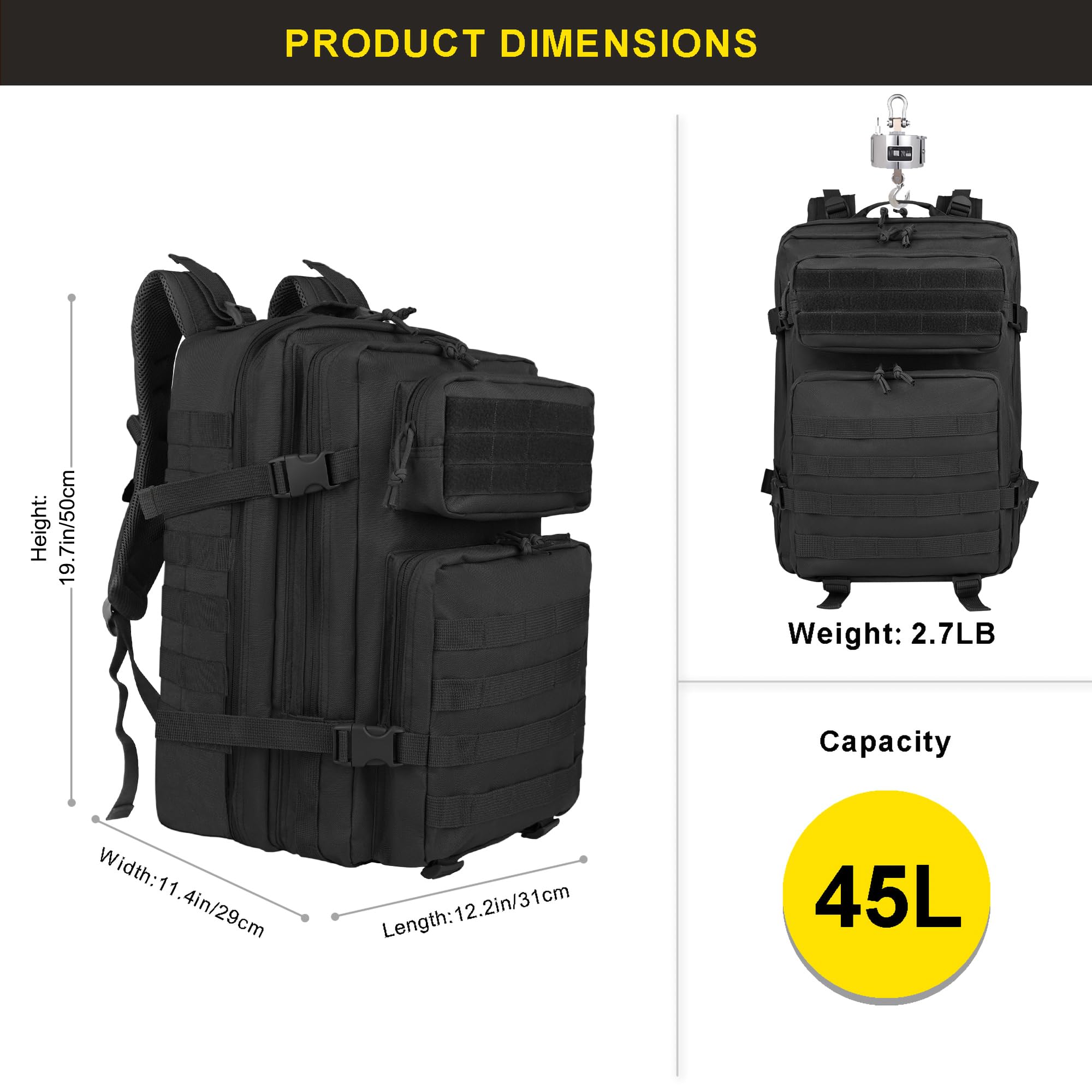 Zavothy, 45 l taktischer Militär-Rucksack für Damen und Herren – großer 3-Tage-Einsatzrucksack mit Molle-System