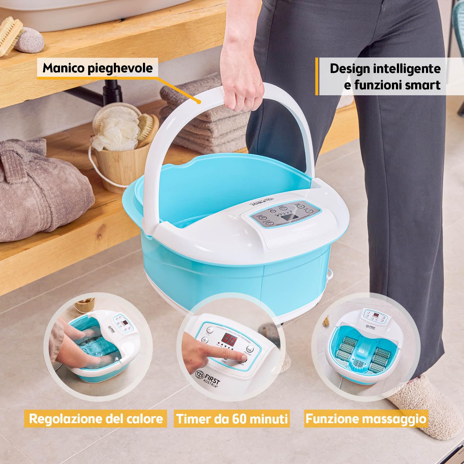 TZS First Austria - Idromassaggiatore plantare 450W con 3 programmi e 6 rulli massaggianti - Pediluvio elettrico con massaggio a vibrazione e bolle d'aria, con infrarossi e riscaldamento - Con timer