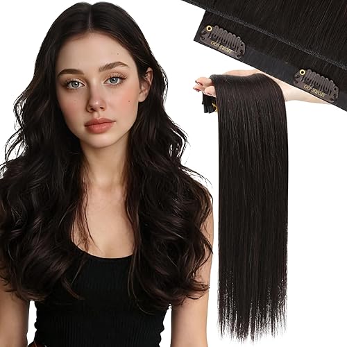 Miniatura 11 de Moresoo - Extensiones de cabello humano Remy lacio sin costuras con pinzas y trama, de poliuretano, cabeza completa, color castaño claro