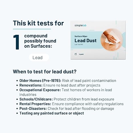 Lead Dust Surface Wipe Test by SimpleLab | 4-Pack | at-Home Sampling Lab Test Kit for Indoor Surfaces | Lead Paint Test kit | Includes Materials for 4X Samples - Must be Shipped Back Together