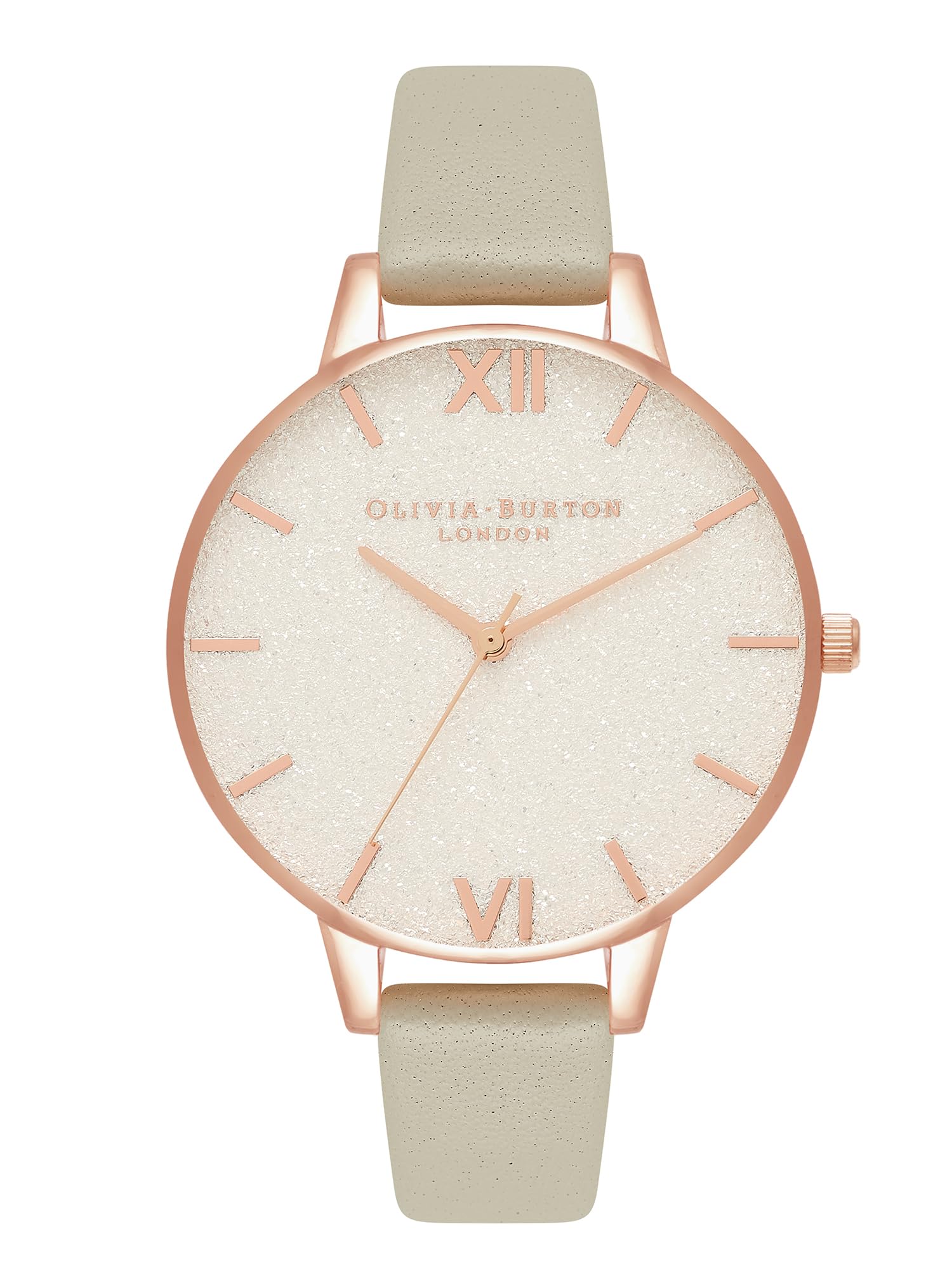 Olivia burton Glitter Dial Qtz Basic Slim White Glitter Round Dial Women's Analog Watch|Steel Grey Leather Material|Grey Color Band - OB16GD89