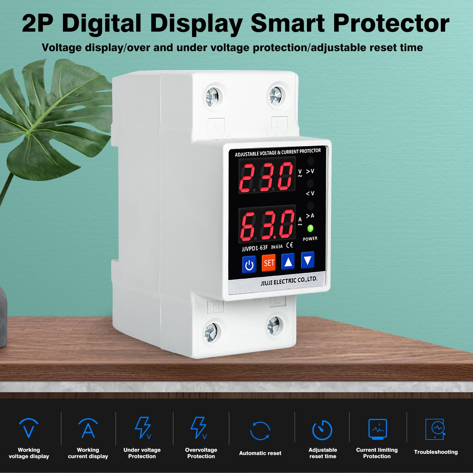 Protettore di Sovratensione e Sottotensione, Regolatore di Tensione Protezione da Sbalzi di Tensione Protezione di Tensione con Doppio Display 2P 63A 220V