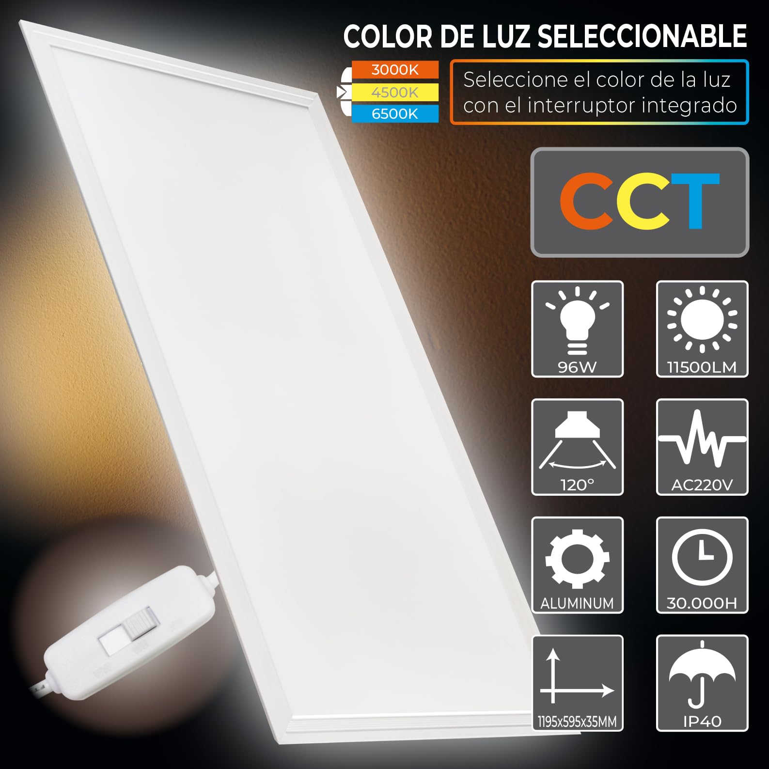 LED ATOMANT Pannello LED da Incasso 120x60cm 96W, CCT (Selettore di Colore Bianco Caldo, Neutro e Freddo), 11500 Lumen, Driver incluso