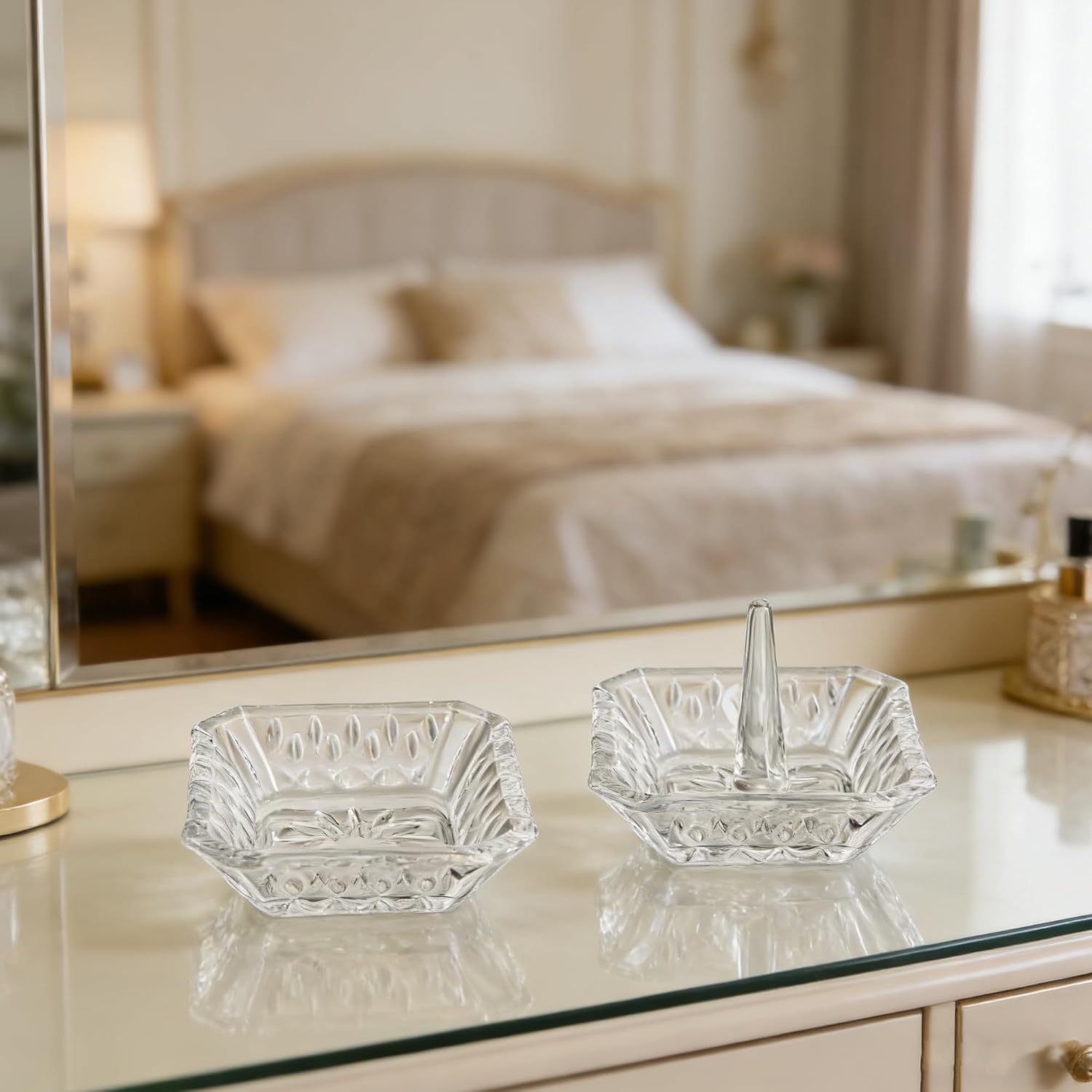 Clear Crystal Ring Holder Set of 2 Glass Jewelry Ring Dish Tray Gifts for Women on Engagement Wedding Party Mother's Day
