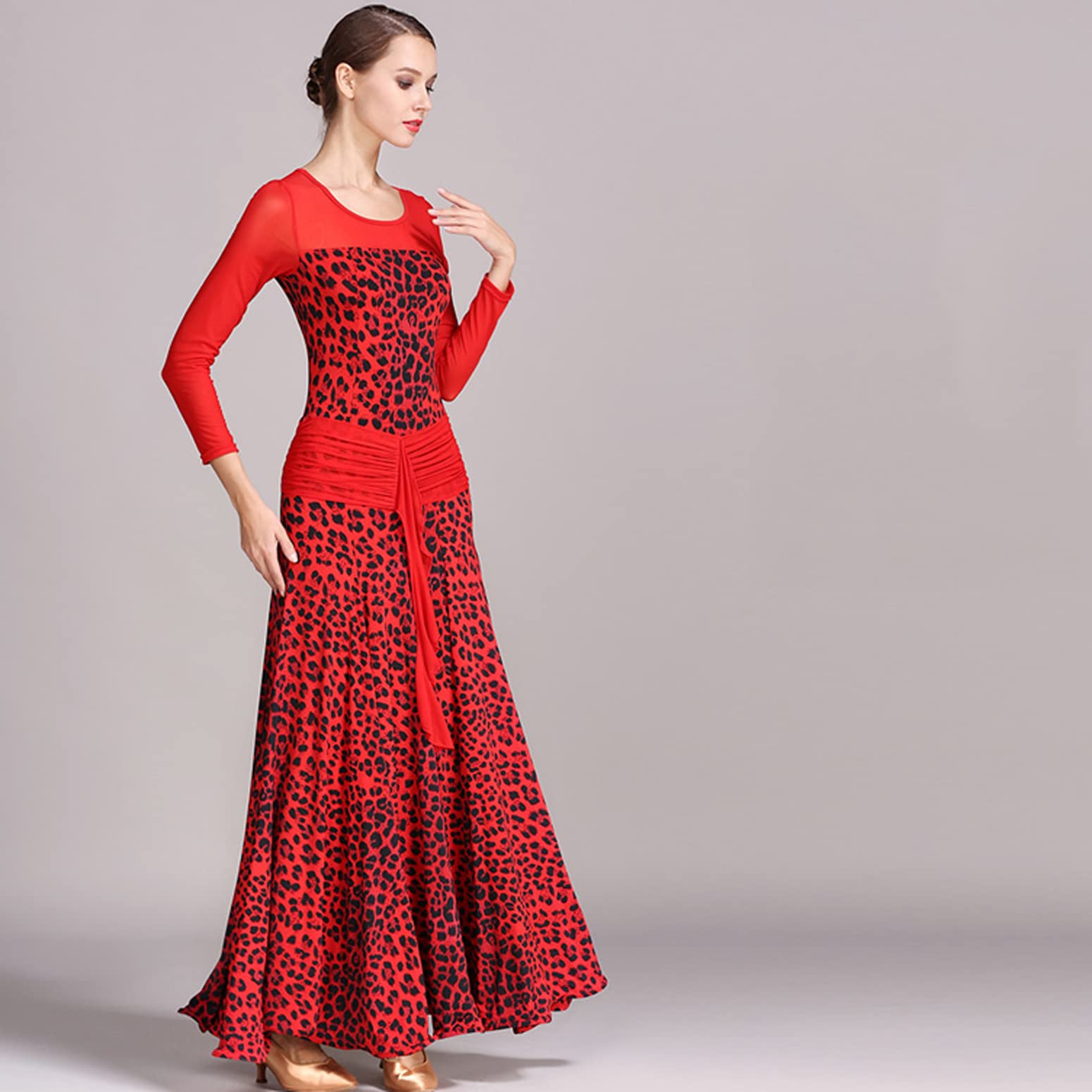 Disfraces De Actuación De Vals Estampados para Mujer Vestidos Entrenamiento Baile Flamenco Malla Manga Larga Ropa De Baile Plisada Tango Foxtrot De Cuello Redondo
