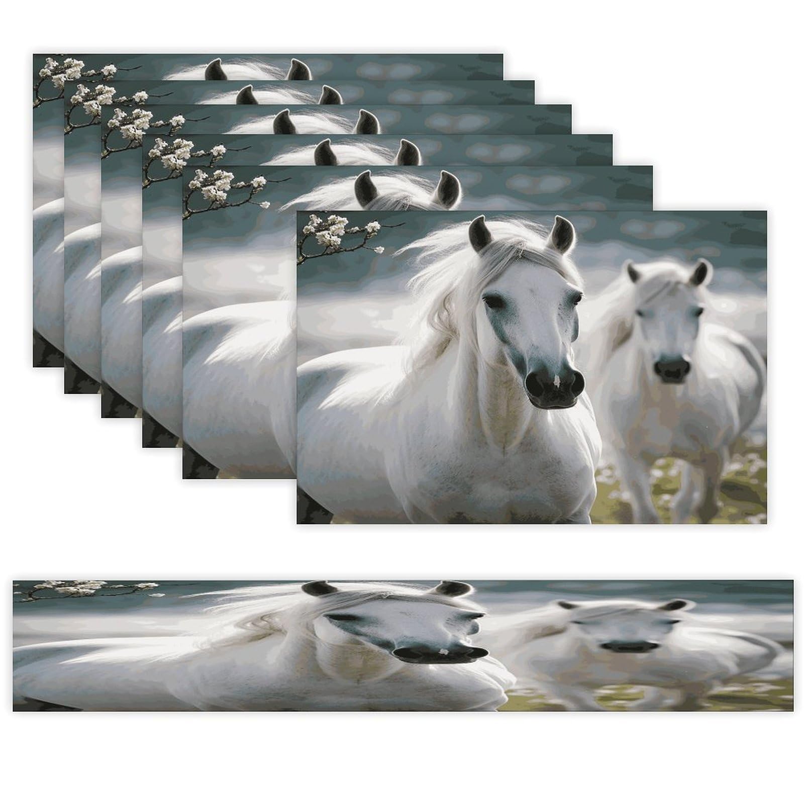 White Horses Table Runner and Placemats Set of 6 Wipe Clean Heat Resistant Table Mat with Table Runner Decorations Flax Linen Place Mat Set for Home Kitchen Party Supplies