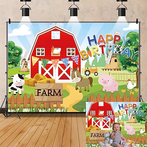 Telón de fondo de cumpleaños de granja de 8 x 6 pies, dibujos animados de animales de granja, fondo de fiesta de cumpleaños, granero, vaca, baby