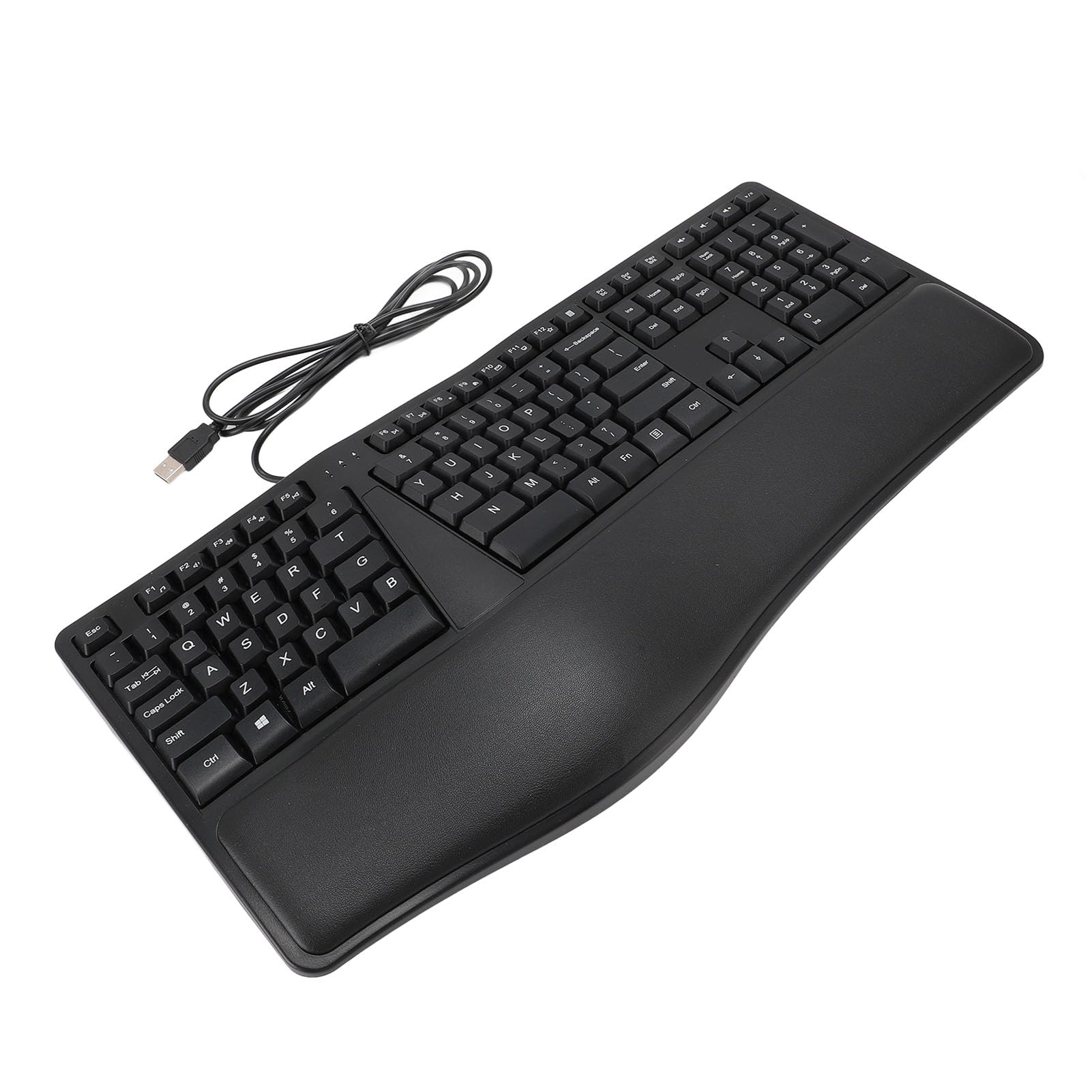 Tastiera Ergonomica USB Cablata per Laptop, Design Diviso, Poggiapolsi, Tasti Silenziosi, 110 Tasti, Cavo da 1,5 M, XP 7.0 8.0, Materiale ABS, Indicatori LED, Plug and Play,