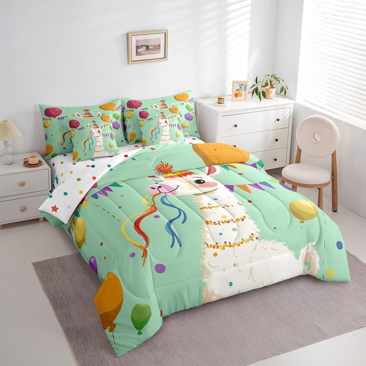 Castle Fairy Funny Alpaca Bedding Set,Cartoon Wild Animal Twin Comforter Set with Sheets for Kids Boys Girls Teens Room Decor,Colorful Balloons Dots Bed in a Bag 7 Piece for Bedroom Living Room image 2